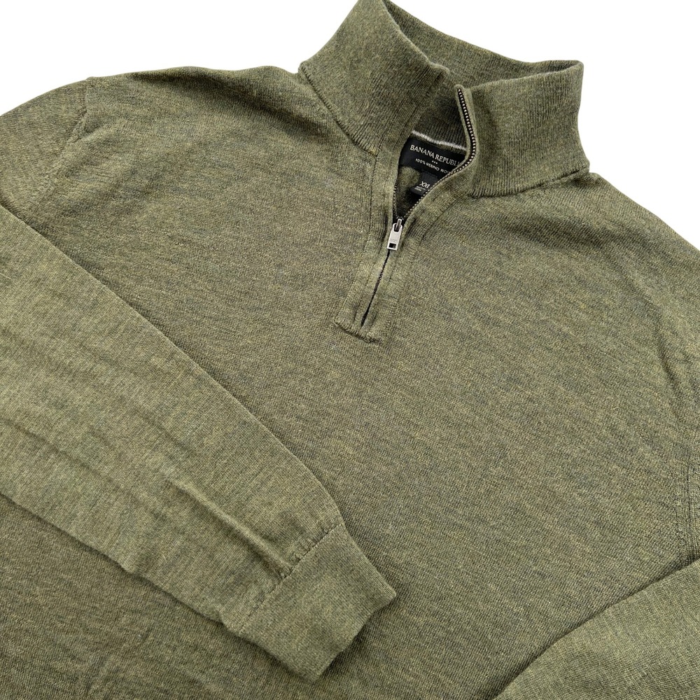Banana Republic 1/4 Zip Sweater Mens XXL Olive Green Merino Wool Pullover Jumper